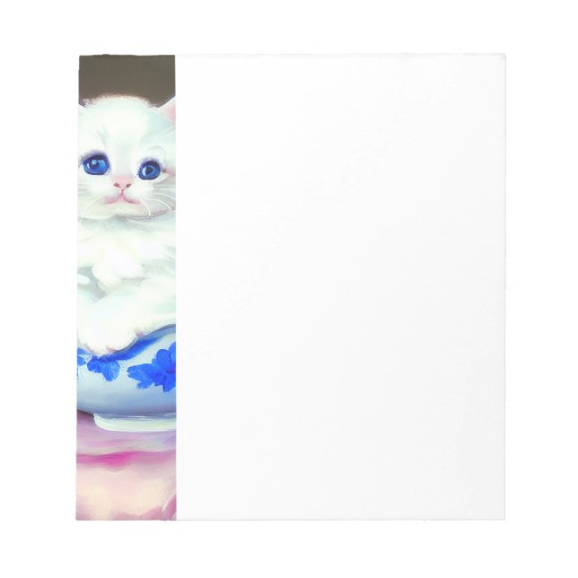 Vintage White Kitten with Pink Flowers  Notepad (Front)