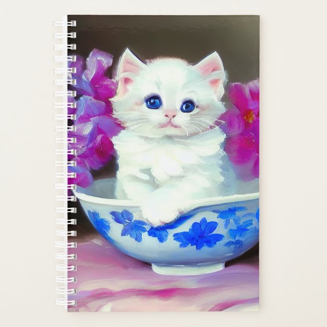 Vintage White Kitten with Pink Flowers  Planner (Front)