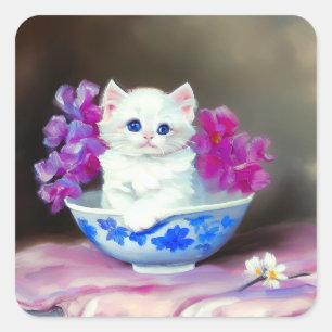 Vintage White Kitten with Pink Flowers  Square Sticker