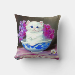 Vintage White Kitten with Pink Flowers  Throw Pillow