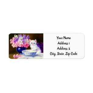 Vintage White Kitten with Purple Ribbon