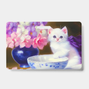 Vintage White Kitten with Purple Ribbon Badge