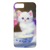 Vintage White Kitten with Purple Ribbon