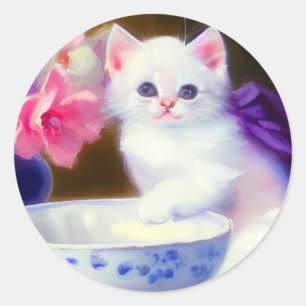 Vintage White Kitten with Purple Ribbon Classic Round Sticker