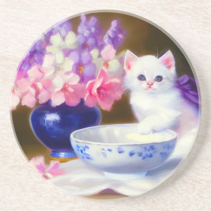Vintage White Kitten with Purple Ribbon Coaster