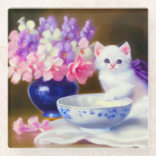 Vintage White Kitten with Purple Ribbon Glass Coaster
