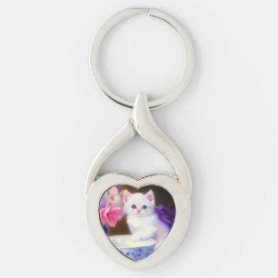 Vintage White Kitten with Purple Ribbon Keychain