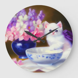 Vintage White Kitten with Purple Ribbon Large Clock