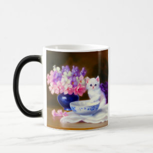 Vintage White Kitten with Purple Ribbon Magic Mug