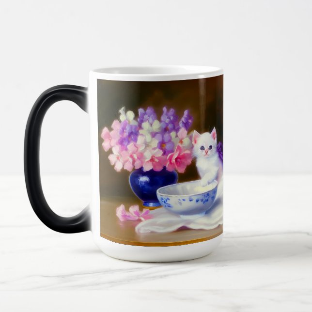 Vintage White Kitten with Purple Ribbon Magic Mug (Left)