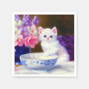 Vintage White Kitten with Purple Ribbon Napkin