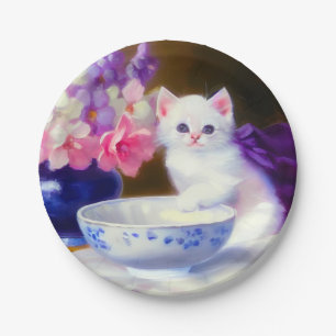 Vintage White Kitten with Purple Ribbon Paper Plate