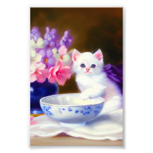 Vintage White Kitten with Purple Ribbon Photo Print