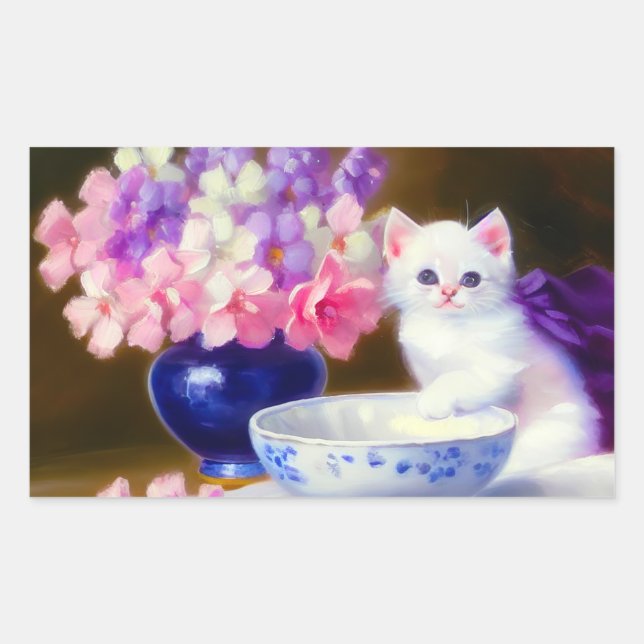 Vintage White Kitten with Purple Ribbon Sticker (Front)