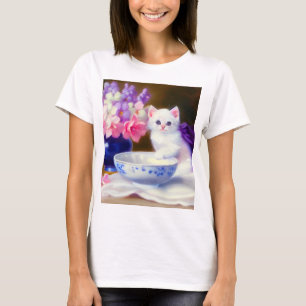 Vintage White Kitten with Purple Ribbon T-Shirt