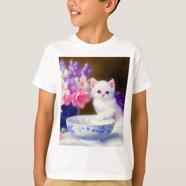 Vintage White Kitten with Purple Ribbon T-Shirt (Front)