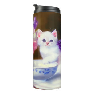 Vintage White Kitten with Purple Ribbon Thermal Tumbler