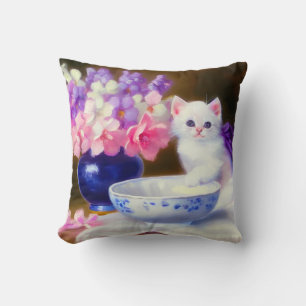 Vintage White Kitten with Purple Ribbon Throw Pillow