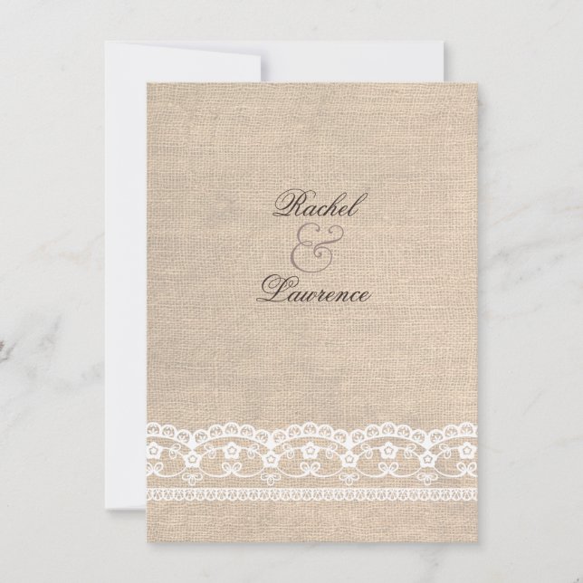 Vintage White Lace & Burlap Wedding Invitation (Front)