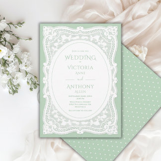 Vintage White Lace Green Polkadots Rustic Wedding Invitation