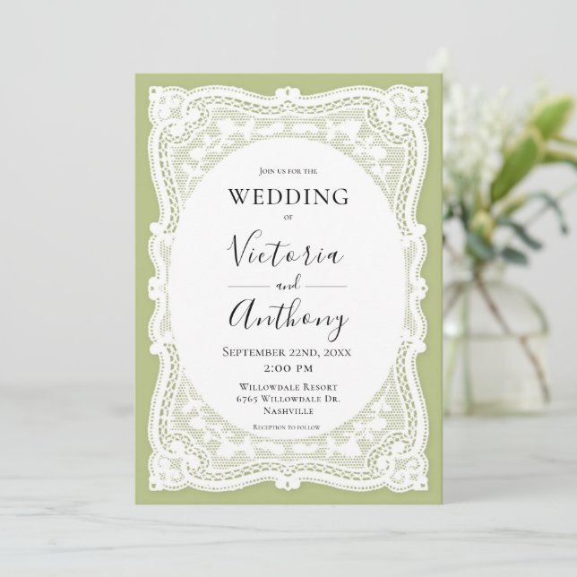 Vintage White Lace Green Rustic Wedding Invitation (Standing Front)