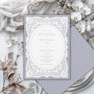 Vintage White Lace Grey Polkadots Rustic Wedding Invitation