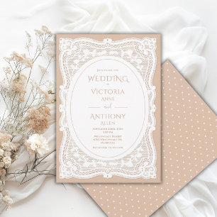 Vintage White Lace Neutral Rustic Wedding Invitation