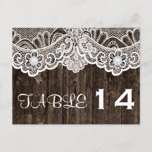 Vintage white lace, old wood wedding table number postcard