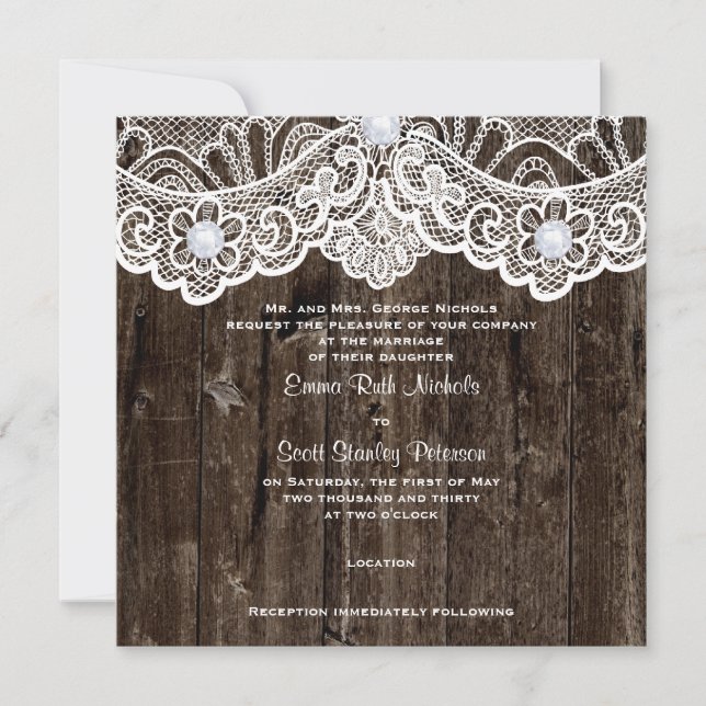Vintage white lace on brown wood wedding invitation (Front)