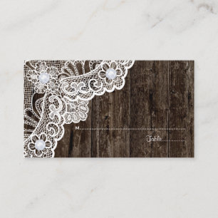 Vintage white lace on old wood wedding place card