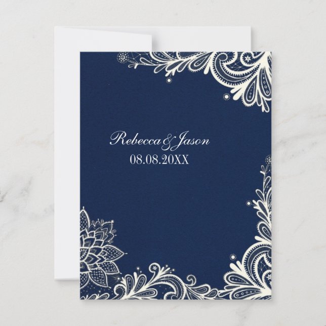 vintage white lace pattern navy blue wedding invitation (Front)