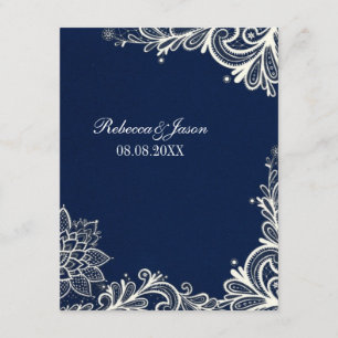 vintage white lace pattern navy blue wedding invitation