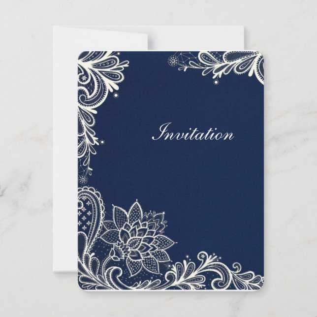 vintage white lace pattern navy blue wedding invitation (Front)