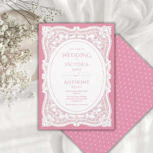Vintage White Lace Pink Rustic Wedding Invitation