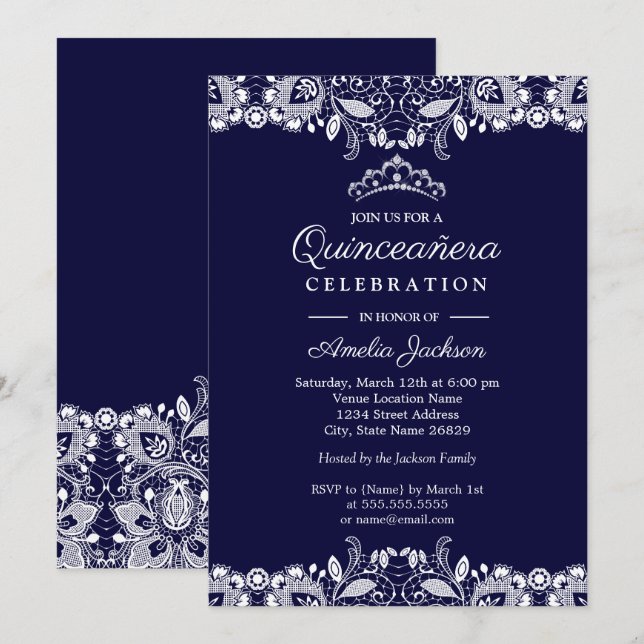 Vintage White Lace Tiara Navy Quinceanera Invitation (Front/Back)