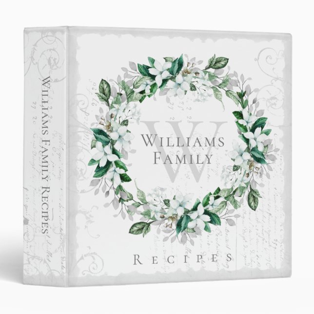 Vintage White Magnolia Floral Wreath Recipe Binder (Front/Spine)