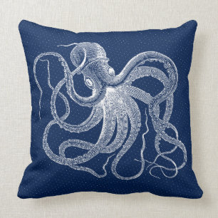 Vintage White octopus On Dark Blue Background Throw Pillow