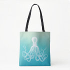 Vintage White Octopus Watercolor Aqua Blue Ombre