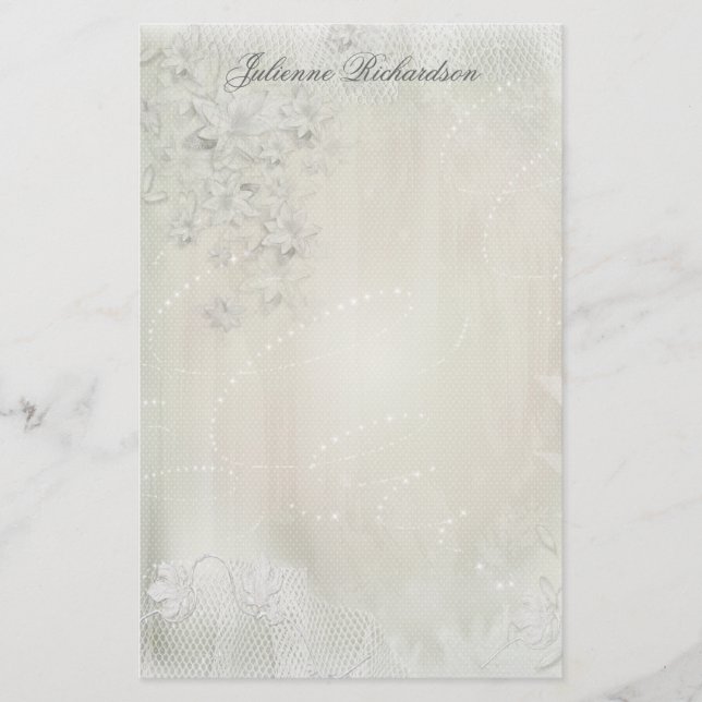 Vintage White on White Floral Grunge Stationery (Front)