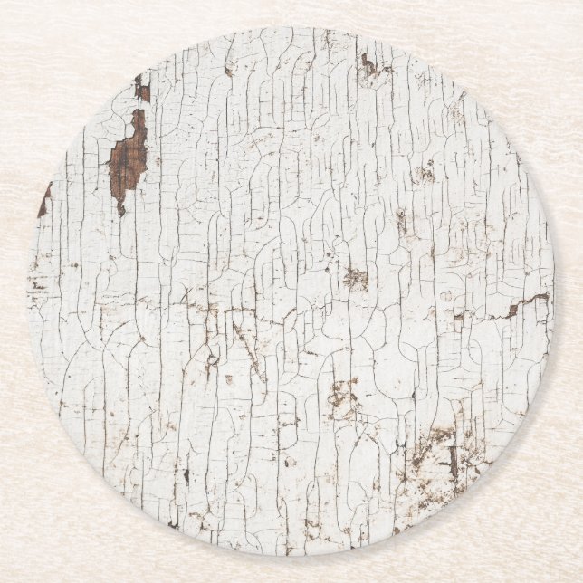 Vintage White Painted Wood Round Paper Coaster (Front)