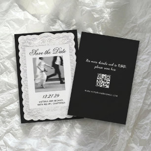 Vintage White Paper Lace Black Photo Wedding Save The Date
