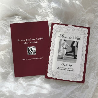 Vintage White Paper Lace Burgundy Photo Wedding Save The Date