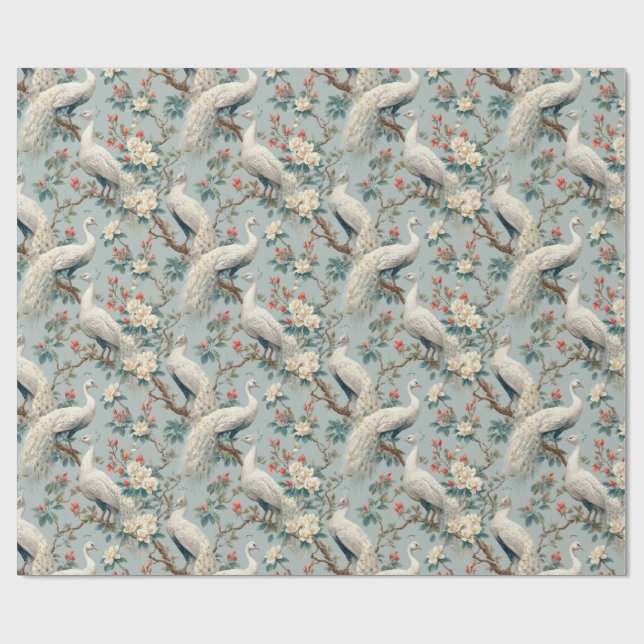 Vintage White Peacock & Floral Chinoiserie Wrapping Paper (Flat)