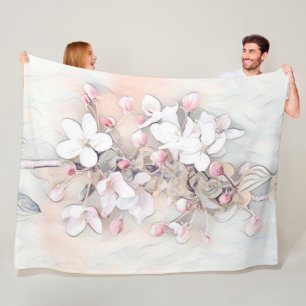 Vintage white pink cherry blossom drawing minimal fleece blanket