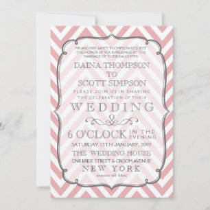 Vintage White & Pink Chevron Stripes Wedding Invitation