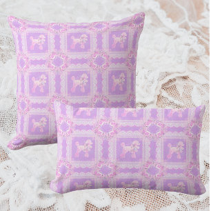Vintage White Pink Lilac Lace Poodle Patchwork Lumbar Pillow