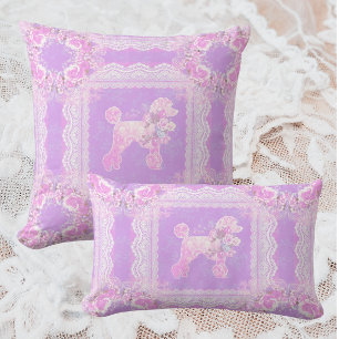 Vintage White Pink Lilac Lace Poodle Patchwork Lumbar Pillow