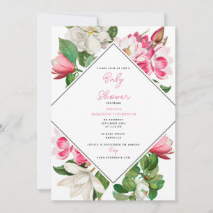 Vintage White & Pink Magnolia Flowers Baby Shower Invitation