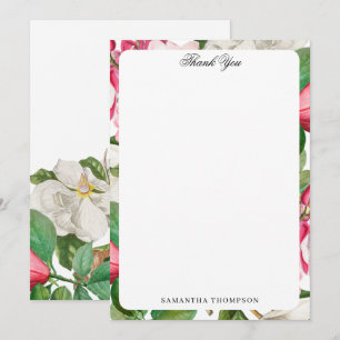 Vintage White & Pink Magnolia Flowers Custom Name Thank You Card