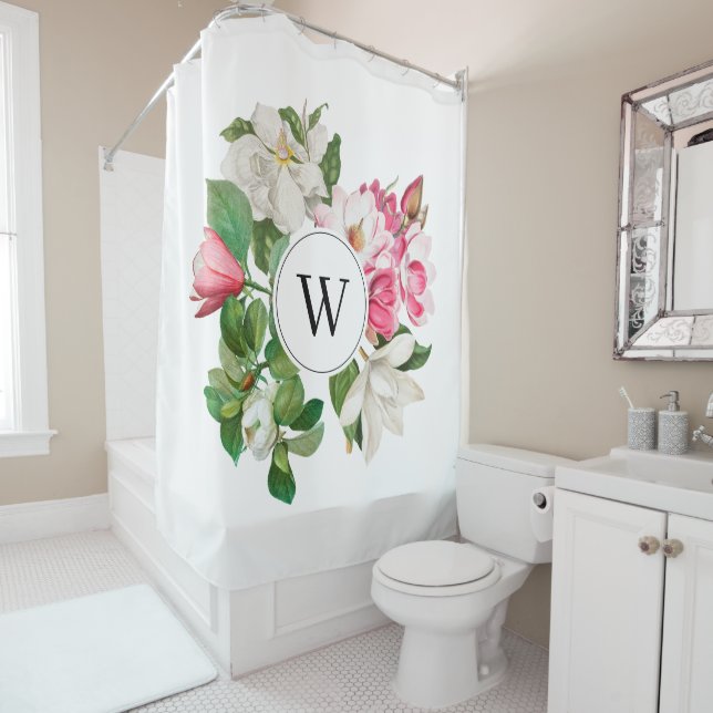 Vintage White & Pink Magnolia Flowers Monogram (In Situ)